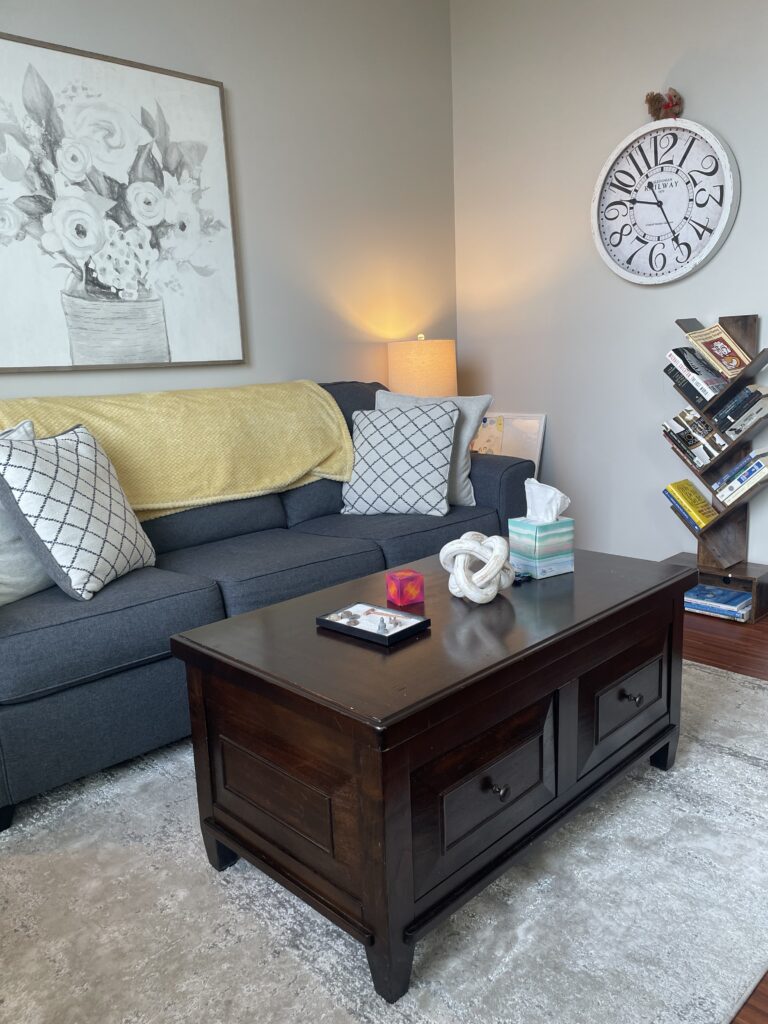Comfortable couples therapy room at Justin Perry LMFT in Katy, Texas.